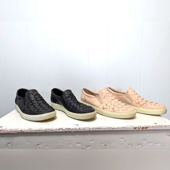 Ecco Soft 7 Woven Leather Slip On Shoes‎ Two Pair Lot Black Pink Size 8 Or 39 - Picture 1 of 12